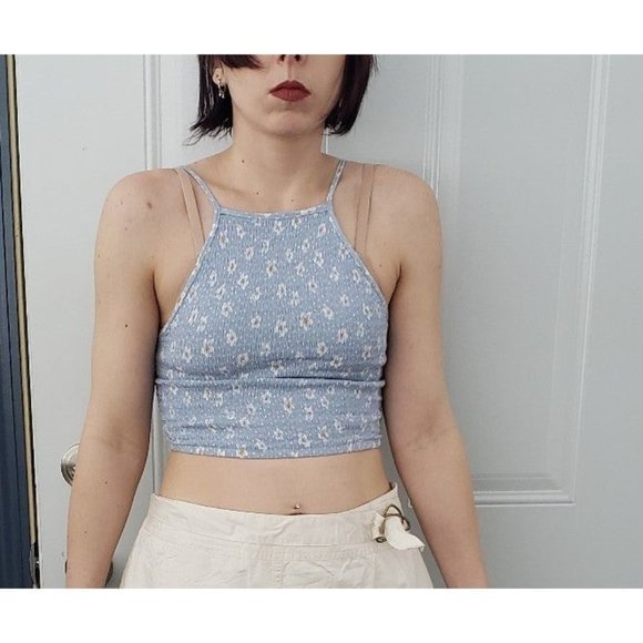 Retro 90s Style Blue‎ Floral Crop Top - Picture 1 of 3